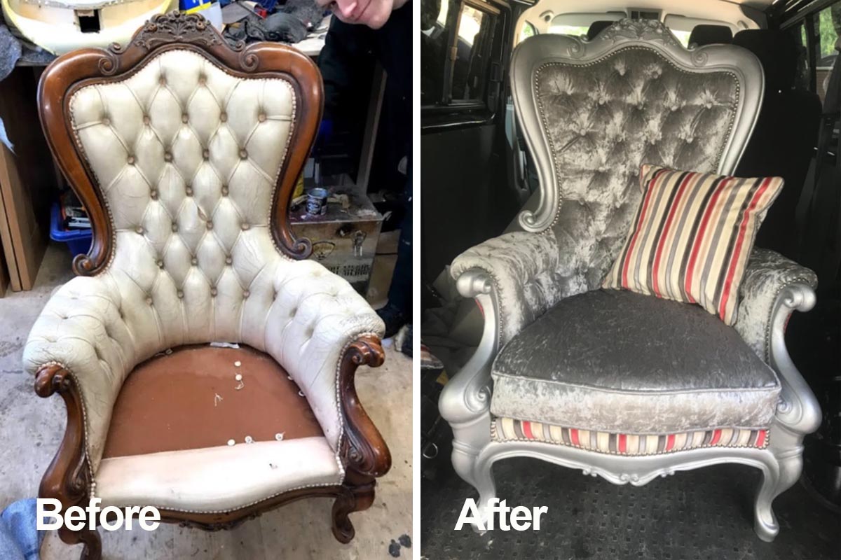 Italian chair wood refinished in silver and recovered