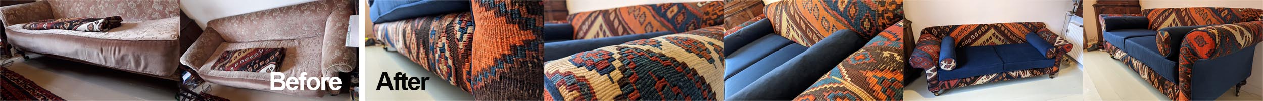 antique chesterfield recovered with a kelim rug